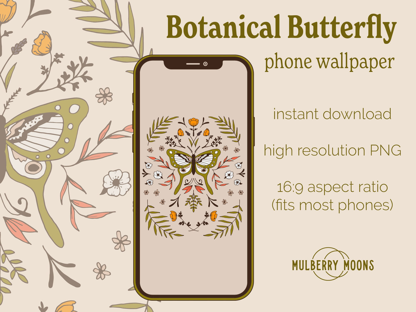 Phone Wallpaper - Botanical Butterfly - Neutral